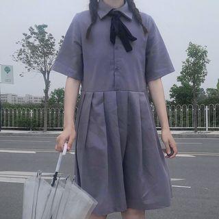 Elbow-sleeve Tie-neck Mini A-line Shirt Dress As Shown In Figure - One Size