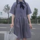 Elbow-sleeve Tie-neck Mini A-line Shirt Dress As Shown In Figure - One Size