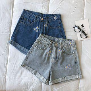 Embroidered Denim High-waist Shorts