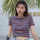 Drawstring Striped Short-sleeve Crop Top As Shown In Figure - One Size