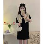 Short-sleeve Round-neck Bow Panel Dress Black - One Size