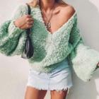 V-neck Lantern-sleeve Sweater Green - One Size