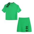 Short-sleeve Bow Detail Knit Top / Mini A-line Skirt / Set