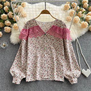 V-neck Lace Ruffle Panel Floral Shirt