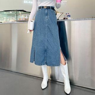 Slit-side Long A-line Denim Skirt