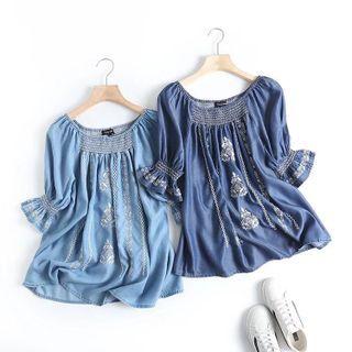 3/4-sleeve Embroidered Denim Blouse