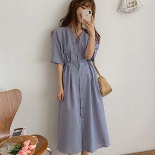 Short Sleeve V-neck Dress As Shown In Figure - One Size
