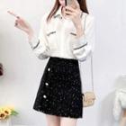 Long-sleeve Color Trim Twin Pocket Shirt / High-waist Tweed Mini Skirt