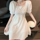 Puff-sleeve Faux Pearl Panel Embroidered Flower Dress