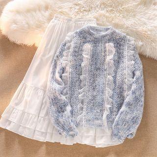 Long-sleeve Round Neck Lace Trim Sweater / High-waist Skirt