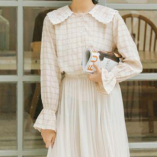 Bell-sleeve Plaid Peter Pan Collar Dress As Shown In Figure - One Size