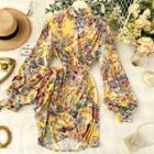 Long-sleeve Asymmetric Printed Dress Yellow - One Size