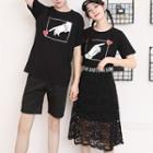 Couple Matching Printed Short-sleeve T-shirt / Plain Shorts / Lace Midi A-line Skirt