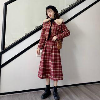 Plaid Cropped Single-breasted Jacket / A-line Midi Skirt