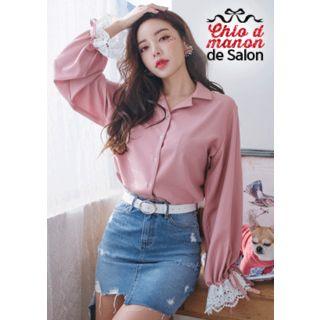 Notched-collar Lace-cuff Crepe Blouse