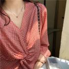 Checked 3/4-sleeve Blouse Red - One Size