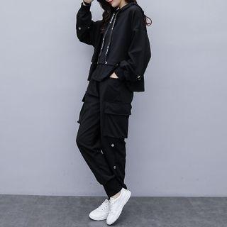 Set: Plain Hoodie + Cargo-pocket Sweatpants