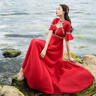 Embroidered Elbow-sleeve Chiffon Dress / Midi Dress