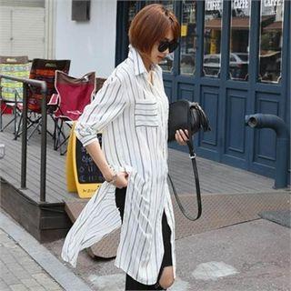 Slit-side Striped Shirtdress