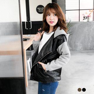 Paneled Faux Leather Hooded Jacket