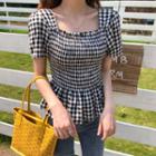 Gingham Short-sleeve Peplum Blouse