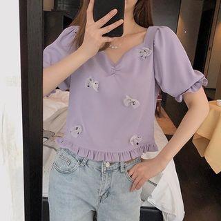 Bow Ruffle Trim Short-sleeve Cropped T-shirt