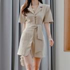Short-sleeve Tie-waist Mini A-line Blazer Dress