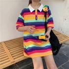 Striped Short-sleeve Polo Shirt Dress As Shown In Figure - One Size