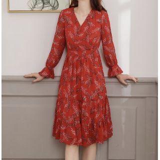 Bell-sleeve Chiffon V-neck Floral Printed Midi Dress