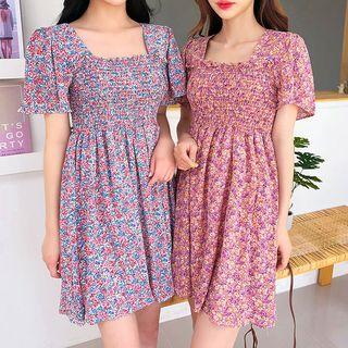 Square-neck Smocked Mini Floral Dress