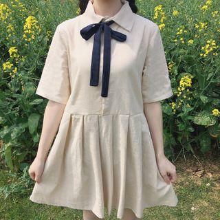 Short-sleeve Bow A-line Shirtdress