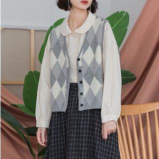 Patterned Button Knit Vest Plaid - Gray & Beige - One Size