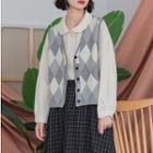 Patterned Button Knit Vest Plaid - Gray & Beige - One Size