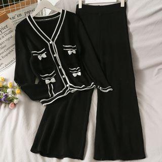 Set: Contrasted Ribbon Cardigan + Wide-leg Pants