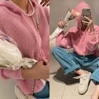 Drop-shoulder Fluffy Knit Hoodie Pink - One Size