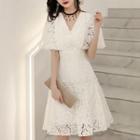 Elbow-sleeve Lace V-neck A-line Mini Dress