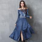 Off Shoulder Long Sleeve Maxi Denim Dress