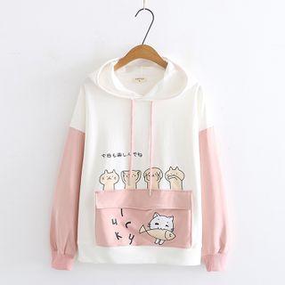 Two-tone Cat Print Hoodie / Straight-cut Jeans / Set