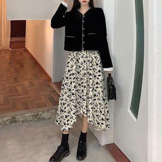 Contrast Trim Buttoned Jacket / Spaghetti Strap Floral Print Midi Dress