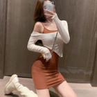 Set Of 2: Long-sleeve Asymmetric Plain Cropped Top + Spaghetti-strap Plain Dress
