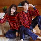 Couple Matching Set: Striped Coral Fleece Pullover + Pants