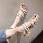 Faux Pearl Strappy Block Heel Sandals