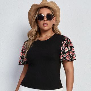 Plus Size Short-sleeve Floral Print Panel T-shirt