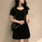 Short-sleeve Mesh Trim Paneled A-line Mini Dress