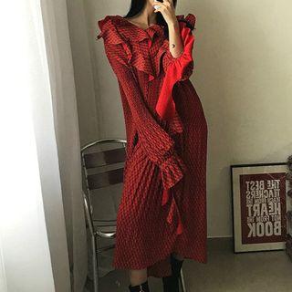 Print Long-sleeve Ruffle Midi Dress
