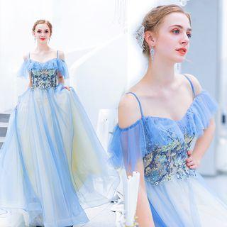Ruffle Trim Rhinestone Embroidered Evening Gown