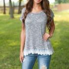 Short-sleeve Crewneck Plain Panel Lace T-shirt