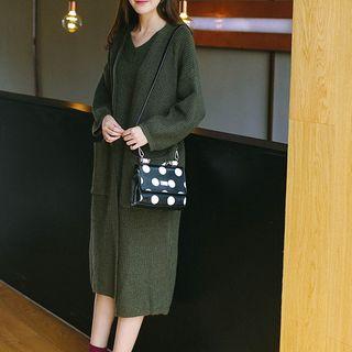 Set : Sleeveless V-neck Knit Dress + Cardigan