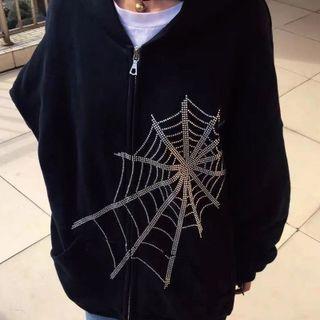Short Sleeve Spider Net Rhinestone Crop Top