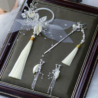 Set: Faux Pearl Tasseled Hair Stick + Rhinestone Drop Earring + Headpiece Set Of 3 - 1 Pair Drop Earrings & 1 Pc Headpiece & 1 Pc Hair Stick - One Size